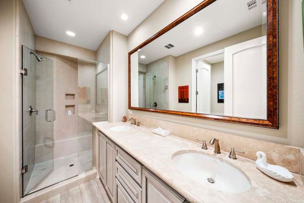 Bathroom, Dual Sink Vanities, Glass Shower, Interior, Recessed Lighting, Wood Texture Flooring