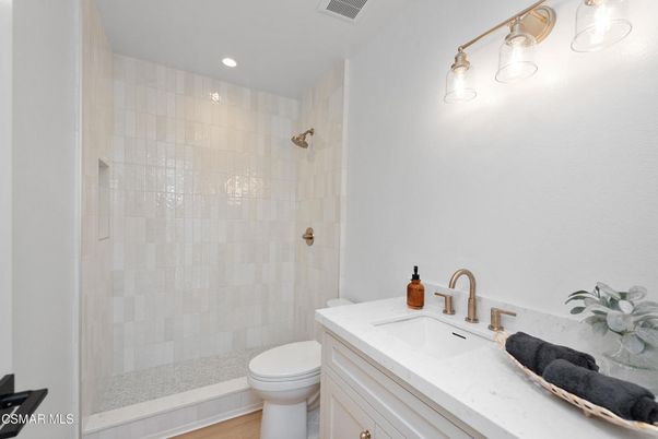 Bathroom, Glass Shower, Interior, Recessed Lighting, Wood Texture Flooring