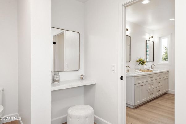Bathroom, Dual Sink Vanities, Interior, Recessed Lighting, Wood Texture Flooring