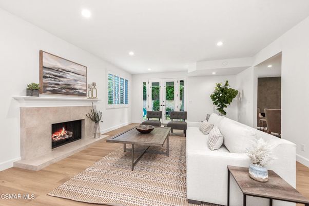 Fireplace, Interior, Living room, Recessed Lighting, Wood Texture Flooring