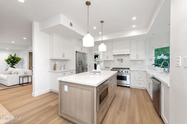 Interior, Kitchen, Pendant Lights, Recessed Lighting, Stainless Steel Appliances, Wood Texture Flooring