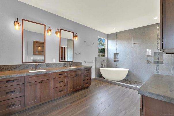 Bathroom, Dual Sink Vanities, Free Standing Baths, Interior, Recessed Lighting, Wood Texture Flooring