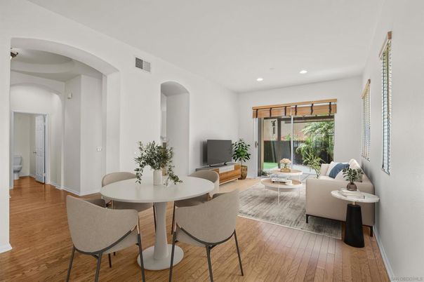 Dining room, Interior, Living room, Recessed Lighting, Wood Texture Flooring
