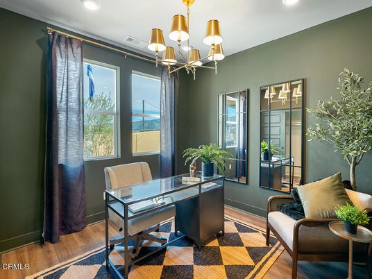 Chandelier, Home Office, Interior, Recessed Lighting, Wood Texture Flooring