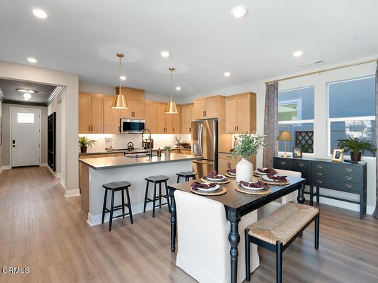 Dining room, Interior, Kitchen, Pendant Lights, Recessed Lighting, Stainless Steel Appliances, Wood Texture Flooring
