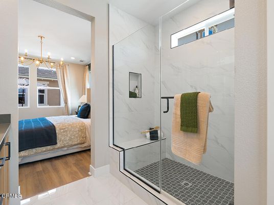 Bathroom, Bedroom, Glass Shower, Interior, Marble, Marble Walls, Recessed Lighting, Wood Texture Flooring
