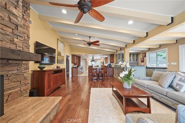 Dining room, Interior, Kitchen, Living room, Recessed Lighting, Stone Walls, Wood Texture Flooring