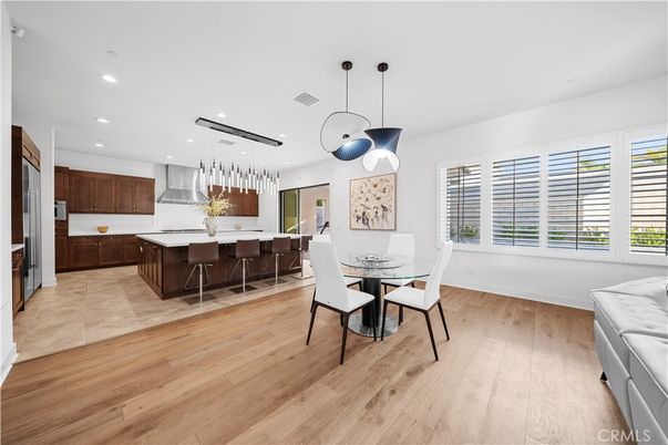 Dining room, Interior, Kitchen, Pendant Lights, Recessed Lighting, Wood Texture Flooring