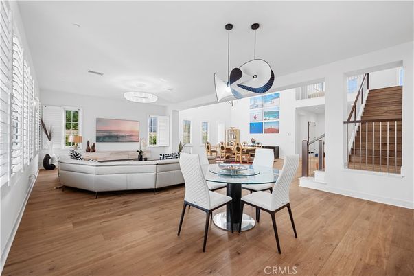 Dining room, Interior, Living room, Pendant Lights, Wood Texture Flooring