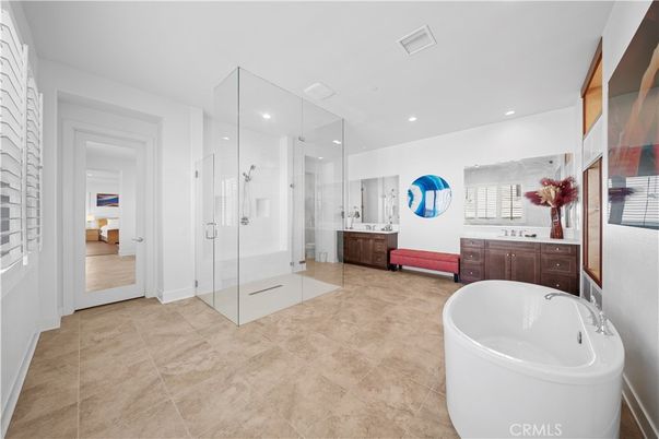 Bathroom, Free Standing Baths, Glass Shower, Interior, Recessed Lighting