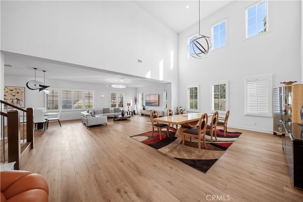 Dining room, Interior, Living room, Pendant Lights, Wood Texture Flooring