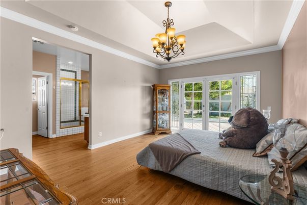 Bedroom, Chandelier, Interior, Wood Texture Flooring