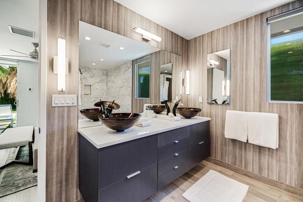 Bathroom, Dual Sink Vanities, Interior, Marble Walls, Recessed Lighting, Wood Texture Flooring, Wooden Walls