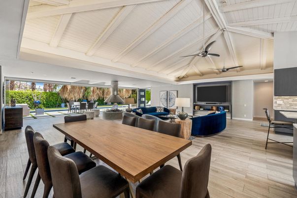 Dining room, Interior, Living room, Recessed Lighting, Wood Texture Flooring