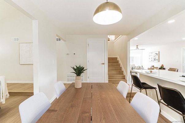 Dining room, Interior, Recessed Lighting, Wood Texture Flooring