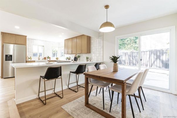 Dining room, Interior, Kitchen, Pendant Lights, Recessed Lighting, Stainless Steel Appliances, Wood Texture Flooring