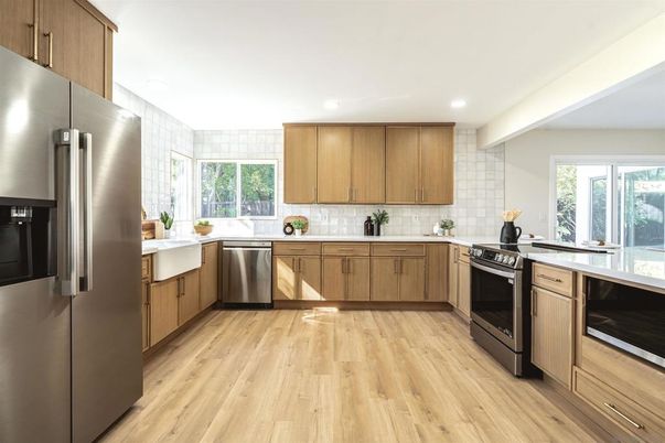 Interior, Kitchen, Recessed Lighting, Stainless Steel Appliances, Wood Texture Flooring