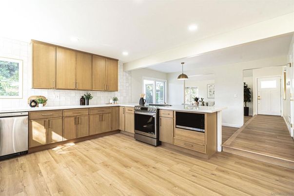 Interior, Kitchen, Pendant Lights, Recessed Lighting, Stainless Steel Appliances, Wood Texture Flooring