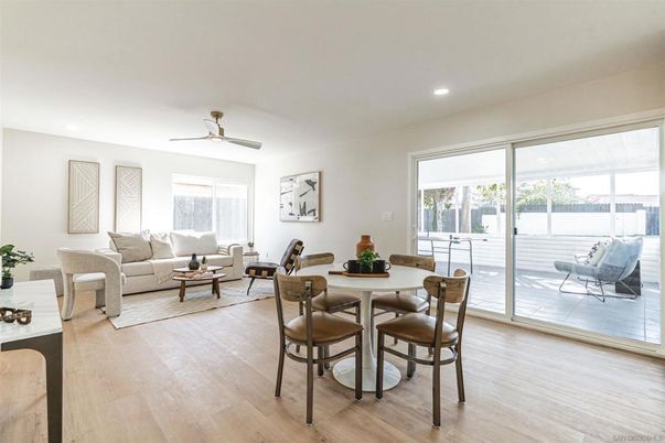 Dining room, Interior, Living room, Recessed Lighting, Wood Texture Flooring