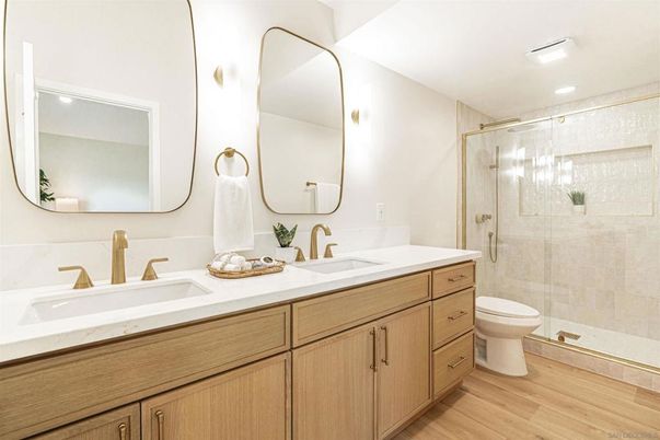 Bathroom, Dual Sink Vanities, Glass Shower, Interior, Recessed Lighting, Wood Texture Flooring