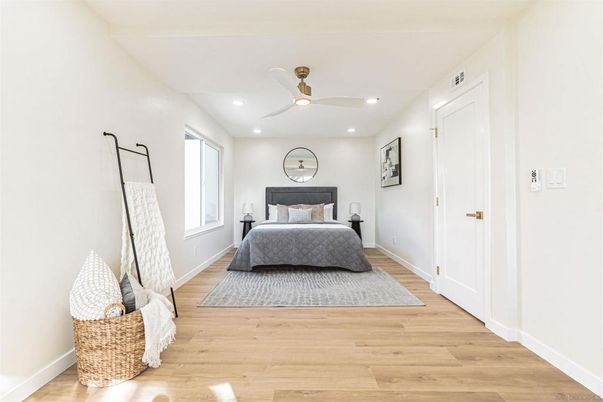 Bedroom, Interior, Recessed Lighting, Wood Texture Flooring