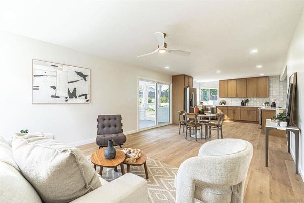 Dining room, Interior, Kitchen, Living room, Recessed Lighting, Stainless Steel Appliances, Wood Texture Flooring