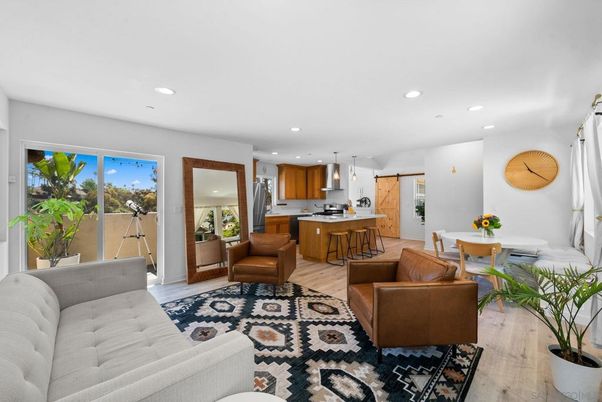 Dining room, Interior, Kitchen, Living room, Pendant Lights, Recessed Lighting, Stainless Steel Appliances, Wood Texture Flooring