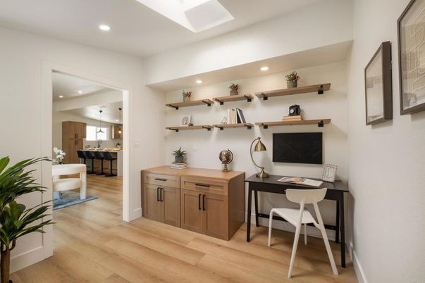 Home Office, Interior, Pendant Lights, Recessed Lighting, Wood Texture Flooring