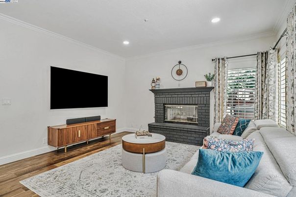 Fireplace, Interior, Living room, Recessed Lighting, Wood Texture Flooring