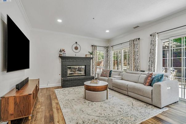 Fireplace, Interior, Living room, Recessed Lighting, Wood Texture Flooring