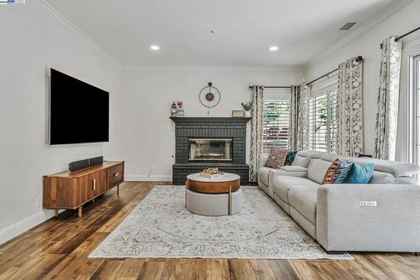 Fireplace, Interior, Living room, Recessed Lighting, Wood Texture Flooring