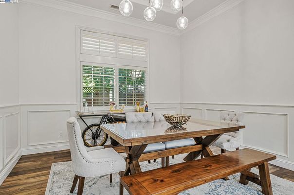 Dining room, Interior, Pendant Lights, Wood Texture Flooring