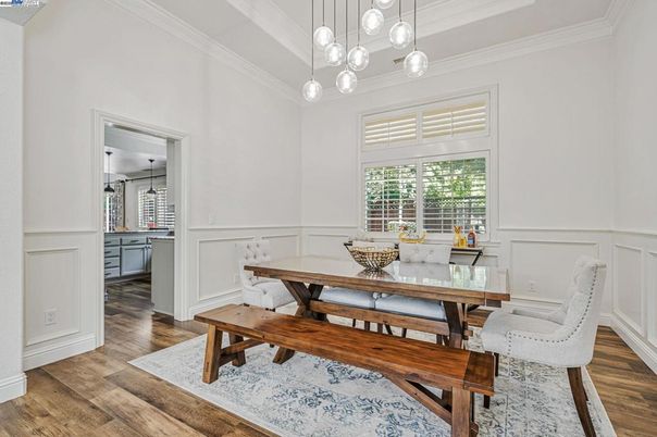 Dining room, Interior, Pendant Lights, Wood Texture Flooring