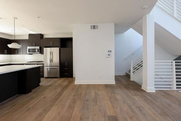 Interior, Kitchen, Pendant Lights, Recessed Lighting, Stainless Steel Appliances, Wood Texture Flooring