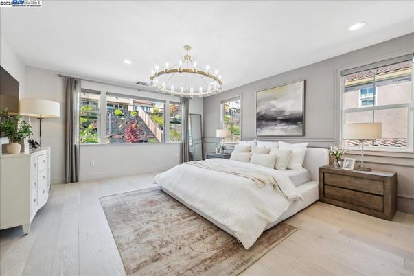 Bedroom, Interior, Pendant Lights, Recessed Lighting, Wood Texture Flooring