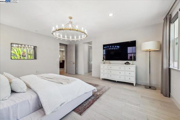 Bedroom, Chandelier, Interior, Pendant Lights, Recessed Lighting, Wood Texture Flooring