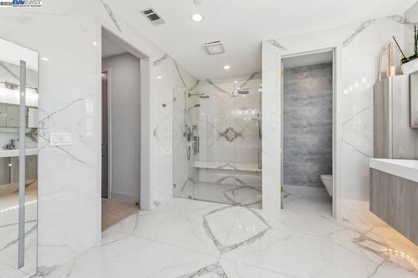 Bathroom, Glass Shower, Interior, Marble, Marble Walls, Recessed Lighting