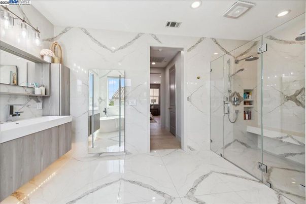 Bathroom, Glass Shower, Interior, Marble, Marble Walls, Recessed Lighting