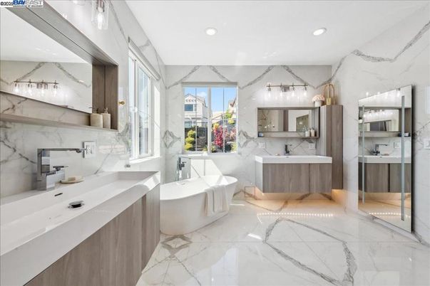 Bathroom, Dual Sink Vanities, Free Standing Baths, Interior, Marble, Marble Walls, Recessed Lighting