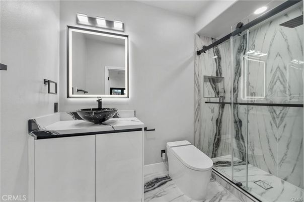 Bathroom, Glass Shower, Interior, Marble, Marble Walls, Recessed Lighting