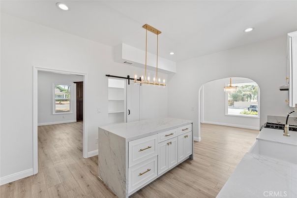 Chandelier, Interior, Kitchen, Pendant Lights, Recessed Lighting, Wood Texture Flooring