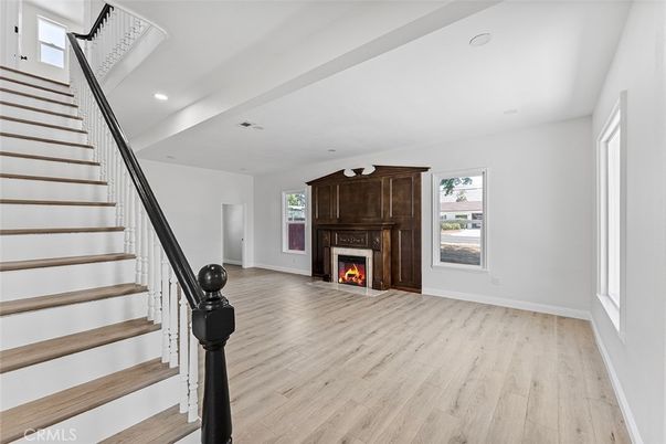 Fireplace, Interior, Recessed Lighting, Wood Texture Flooring