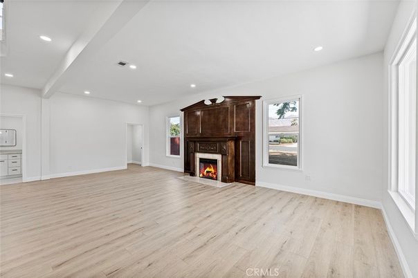 Empty room, Fireplace, Interior, Recessed Lighting, Wood Texture Flooring