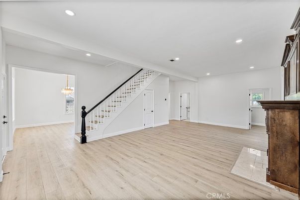 Empty room, Interior, Pendant Lights, Recessed Lighting, Wood Texture Flooring