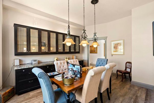 Dining room, Interior, Pendant Lights, Wood Texture Flooring