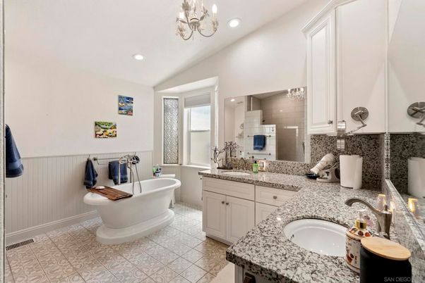 Bathroom, Chandelier, Dual Sink Vanities, Free Standing Baths, Interior, Recessed Lighting