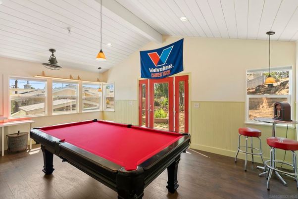 Billiard Table, Game Room, Interior, Pendant Lights, Recessed Lighting, Wood Texture Flooring