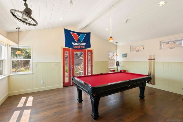 Billiard Table, Game Room, Interior, Pendant Lights, Recessed Lighting, Wood Texture Flooring