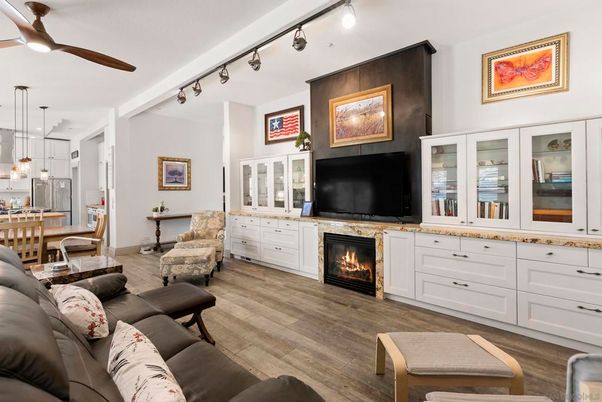 Dining room, Fireplace, Interior, Kitchen, Living room, Pendant Lights, Wood Texture Flooring