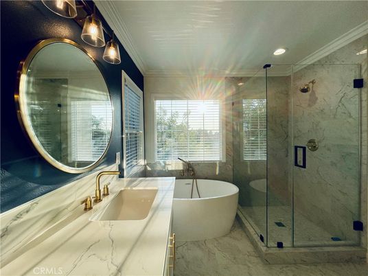 Bathroom, Free Standing Baths, Glass Shower, Interior, Marble, Marble Walls, Recessed Lighting